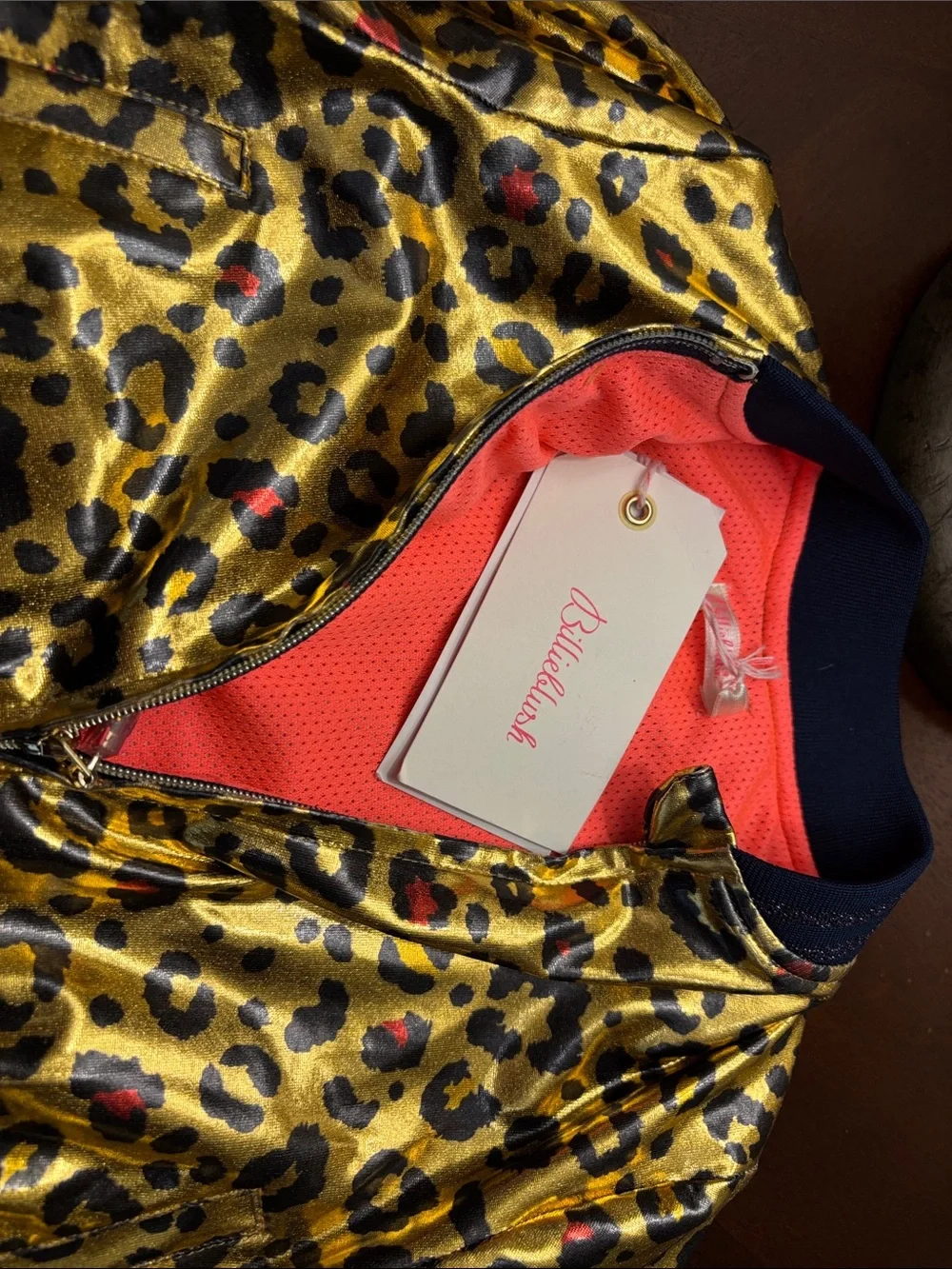 Billieblush Metallic Gold Leopard Print Bomber with Coral Lining/ NEW WT
